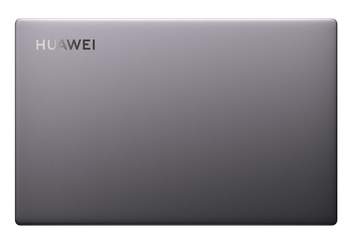 Laptop Huawei, widok z góry, szary kolor. Logo widoczne na zamkniętej pokrywie.