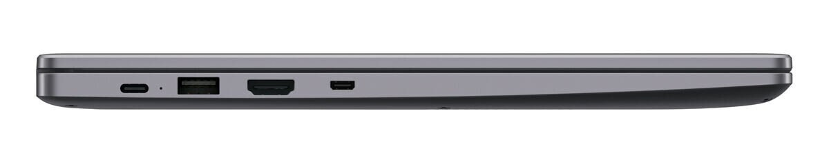 Widok z boku szarego laptopa, pokazujący porty: USB-C, USB, HDMI i kolejny port USB-C.