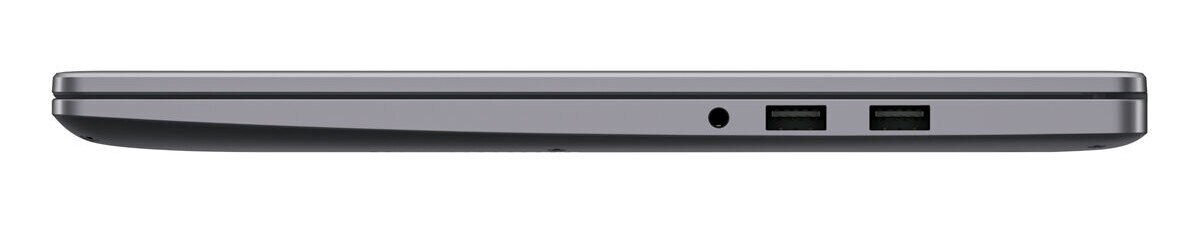 Widok z boku zamkniętego, srebrnego laptopa. Pokazuje porty, w tym USB i gniazdo audio.
