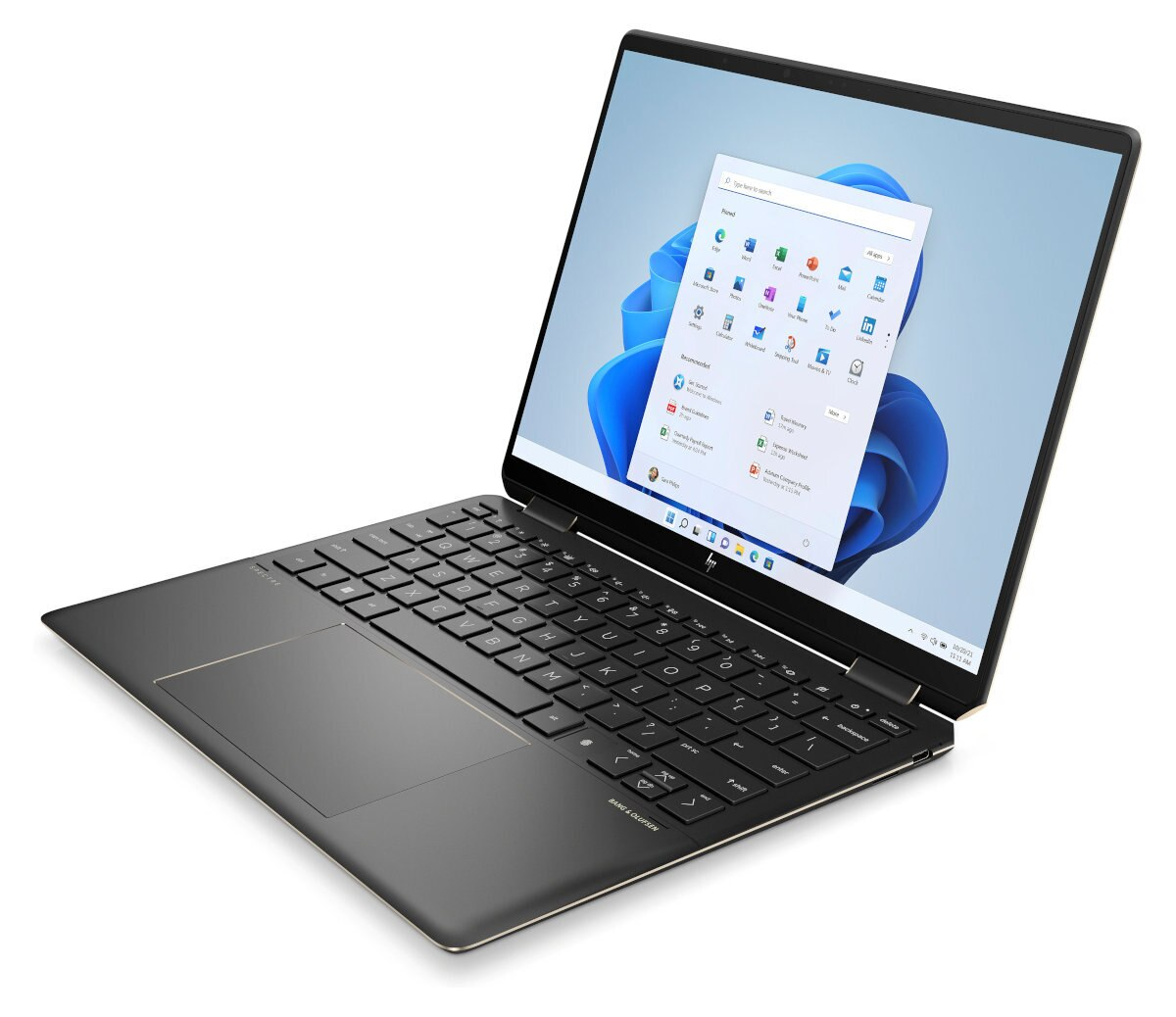 Laptop z otwartym interfejsem Windows 11. Czarna klawiatura, srebrna ramka. Białe tło.