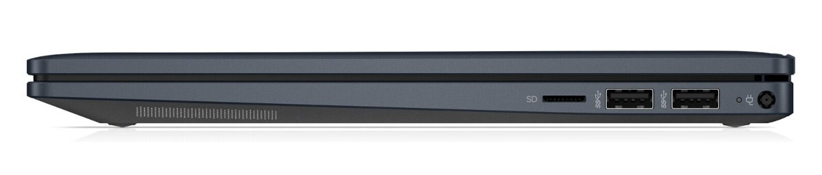 Widok z boku laptopa. Pokazuje porty dla karty SD, USB, zasilania i otwór wentylacyjny.