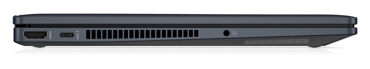 Widok od spodu ciemnoniebieskiego laptopa. Widoczne porty i szczeliny wentylacyjne.