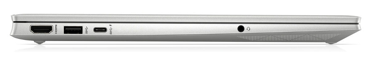 Widok z boku srebrnego laptopa, pokazujący porty: HDMI, USB, USB-C i gniazdo słuchawkowe.
