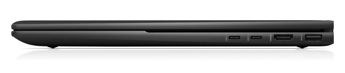 Widok z boku czarnego laptopa z portami: audio, USB, USB, HDMI i wyjście audio.