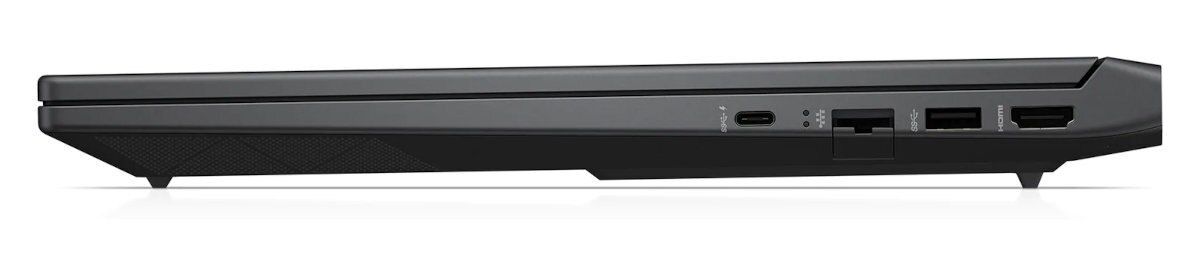 Widok z boku czarnego laptopa z portami i otworami wentylacyjnymi.