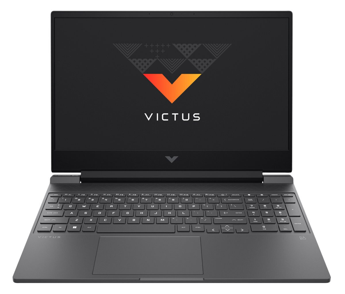 Czarny laptop, ekran z logo VICTUS. Widoczna klawiatura i touchpad. Ciemne tło.