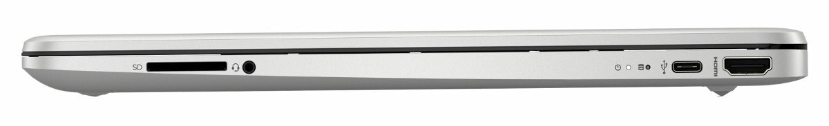 Srebrny laptop z boku z portami: karta SD, gniazdo audio, USB-C i HDMI. Białe tło.