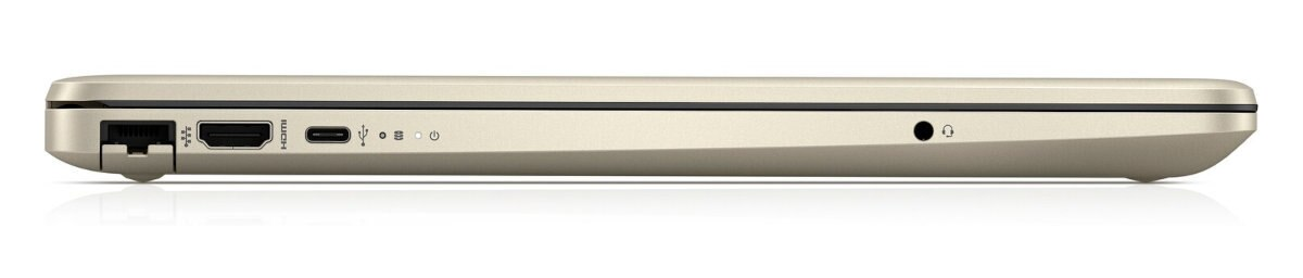 Widok z boku złotego laptopa, pokazujący porty: ethernet, HDMI, USB-C i wyjście audio.