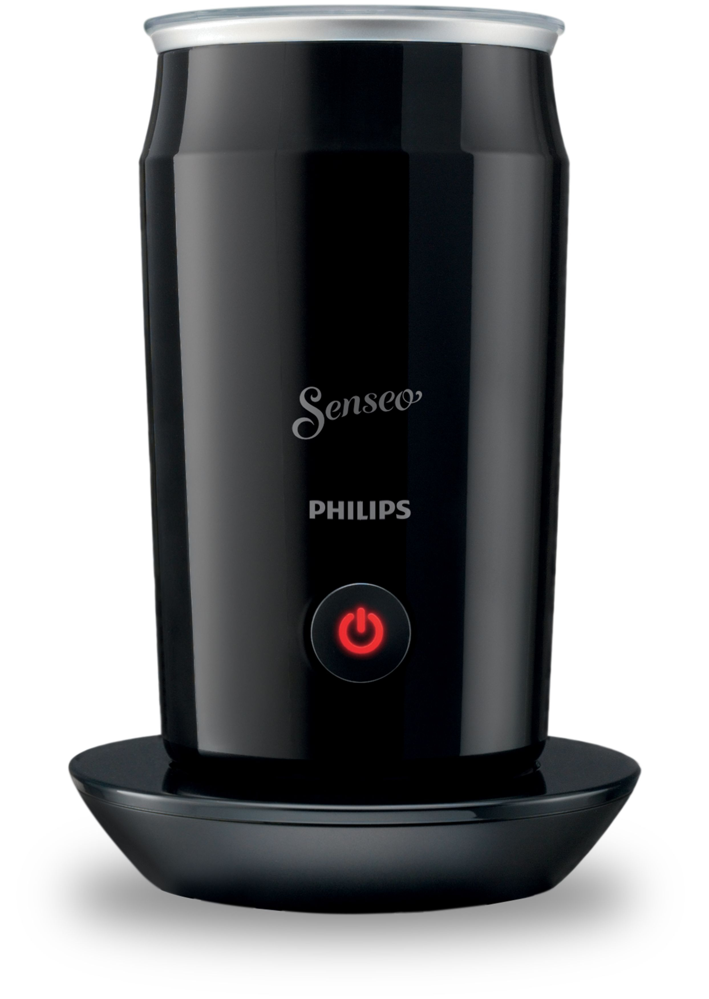 Ein schwarzer Philips Senseo Milchaufschäumer mit roter Ein-/Aus-Taste steht auf einem schwarzen Sockel.