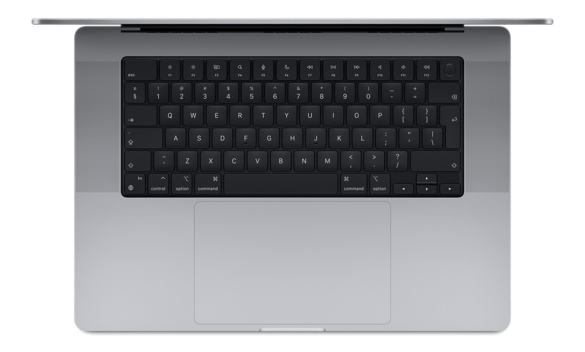 Widok z góry na szarą klawiaturę laptopa i gładzik. Widoczne czarne klawisze.