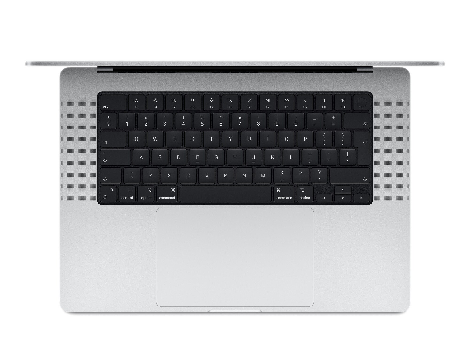 Widok z góry na laptopa z czarną klawiaturą i srebrną obudową, na białym tle.