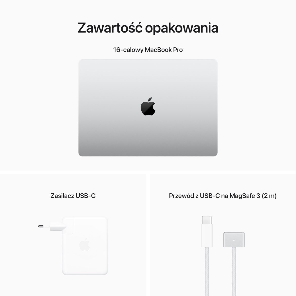 Zawartość pudełka: MacBook Pro, ładowarka i kabel USB-C do MagSafe.