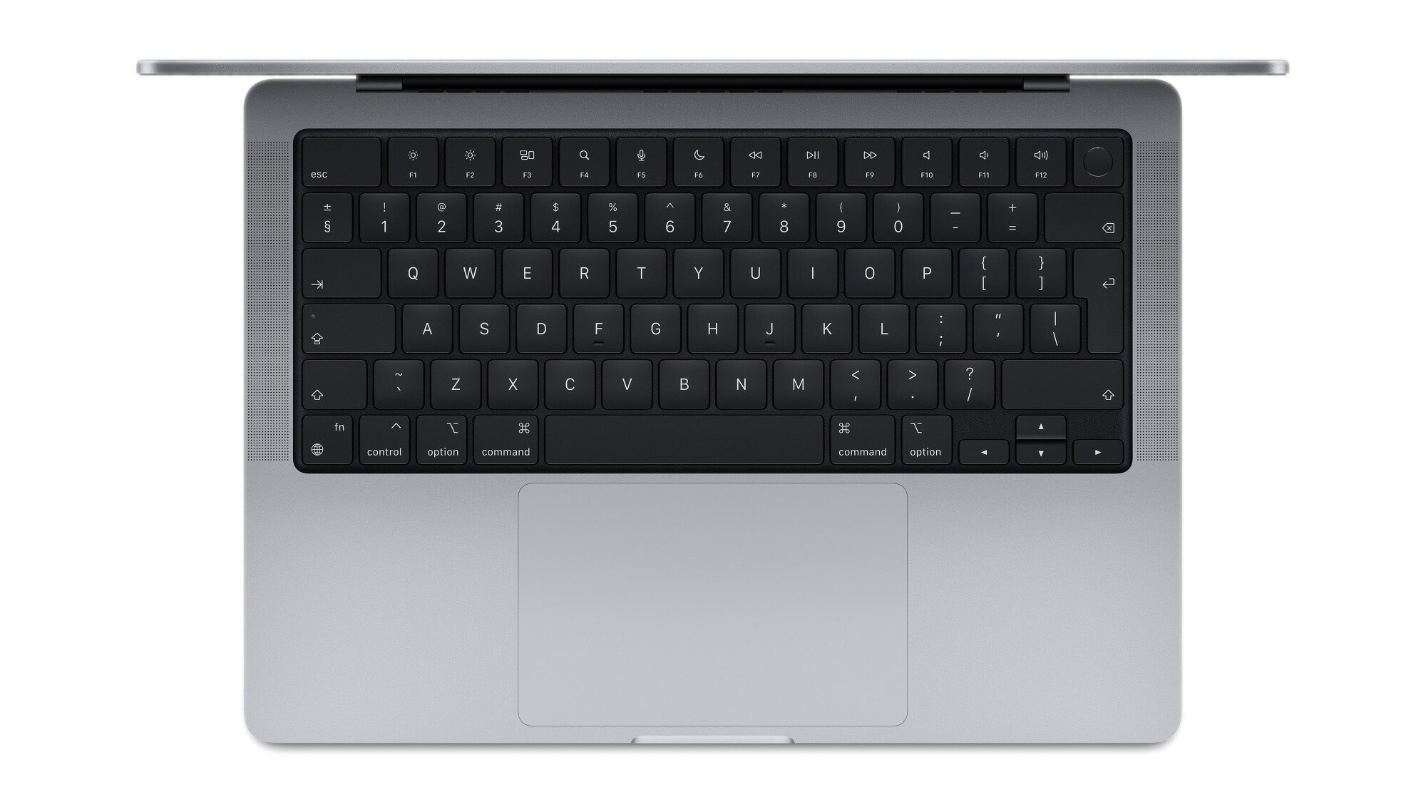 Widok z góry na klawiaturę i gładzik MacBooka na białym tle.
