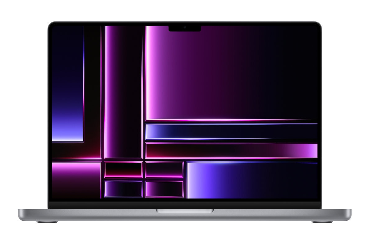 Zamknięty laptop z czarnym ekranem wyświetlającym geometryczny wzór w kolorze fioletowym i różowym.