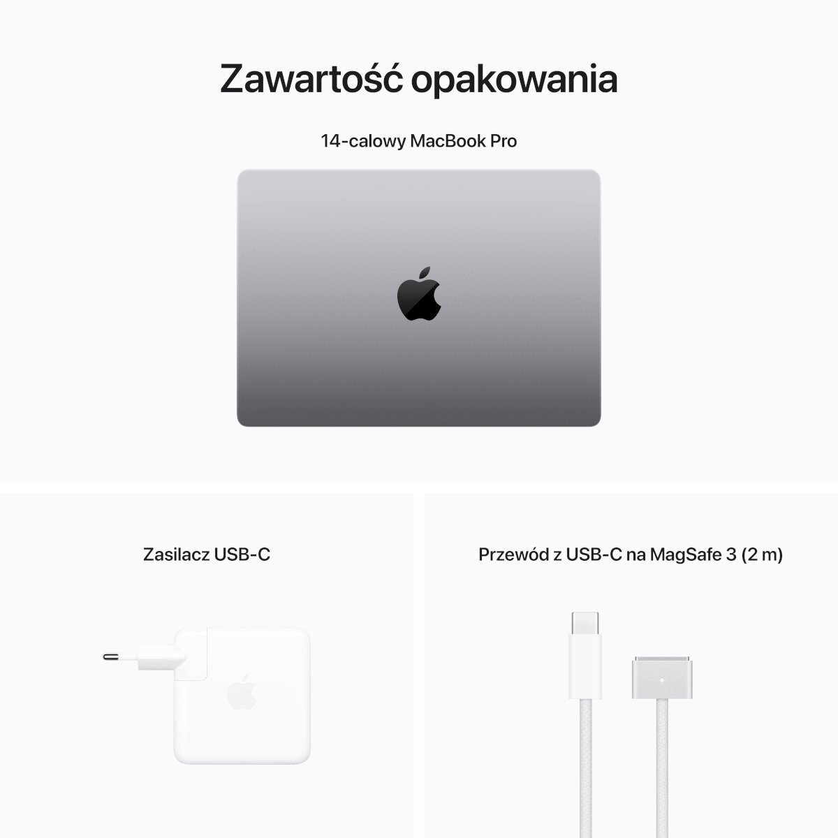 Obraz przedstawiający zawartość pudełka: laptop, zasilacz i kabel USB-C do MagSafe 3.