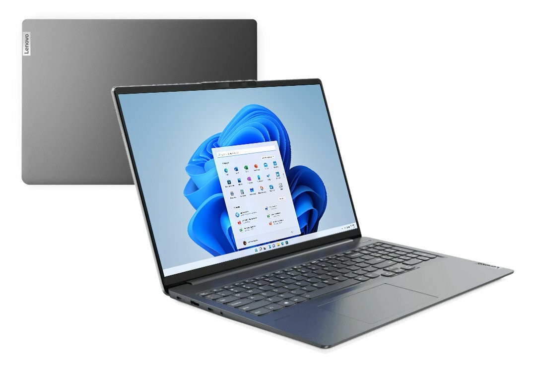 Srebrny laptop otwarty, pokazujący Windows 11. Drugi zamknięty z tyłu.