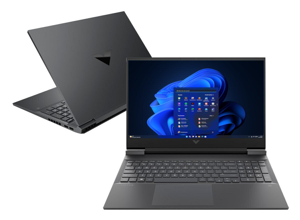 Ciemnoszary laptop z klawiaturą i ekranem z ikonami aplikacji oraz widokiem z tyłu.