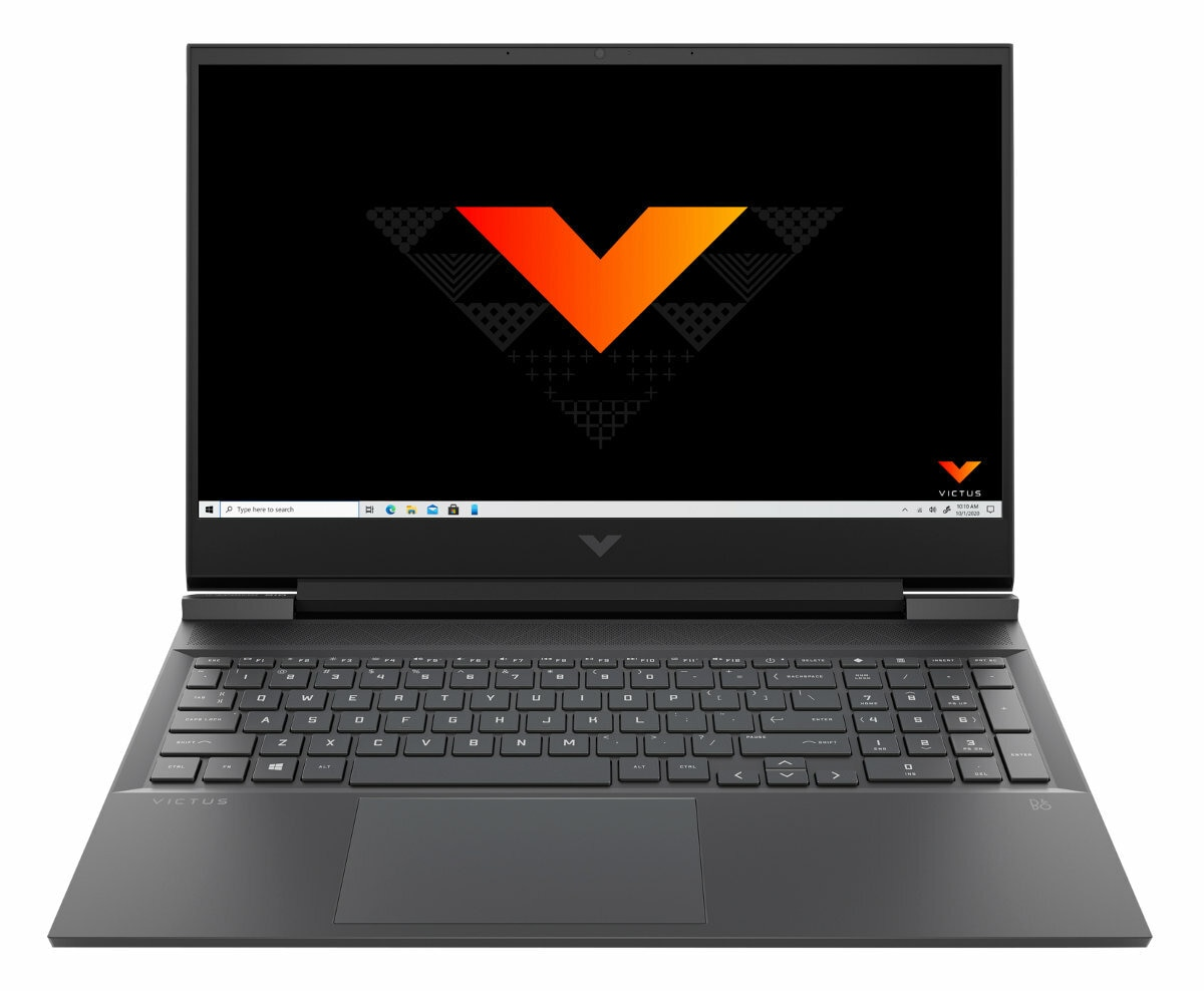 Czarny laptop otwarty, pokazujący kolorowe logo V na czarnym ekranie. Klawiatura i gładzik są widoczne.