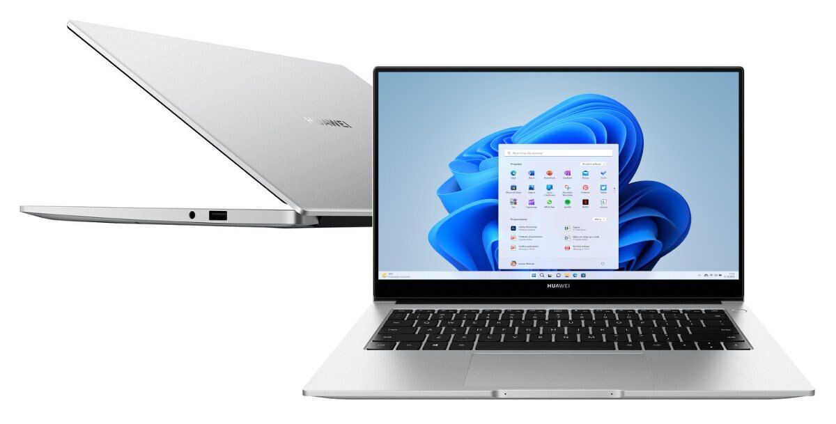 Srebrny laptop Huawei, zamknięty i otwarty, wyświetlający interfejs Windows 11. Białe tło.