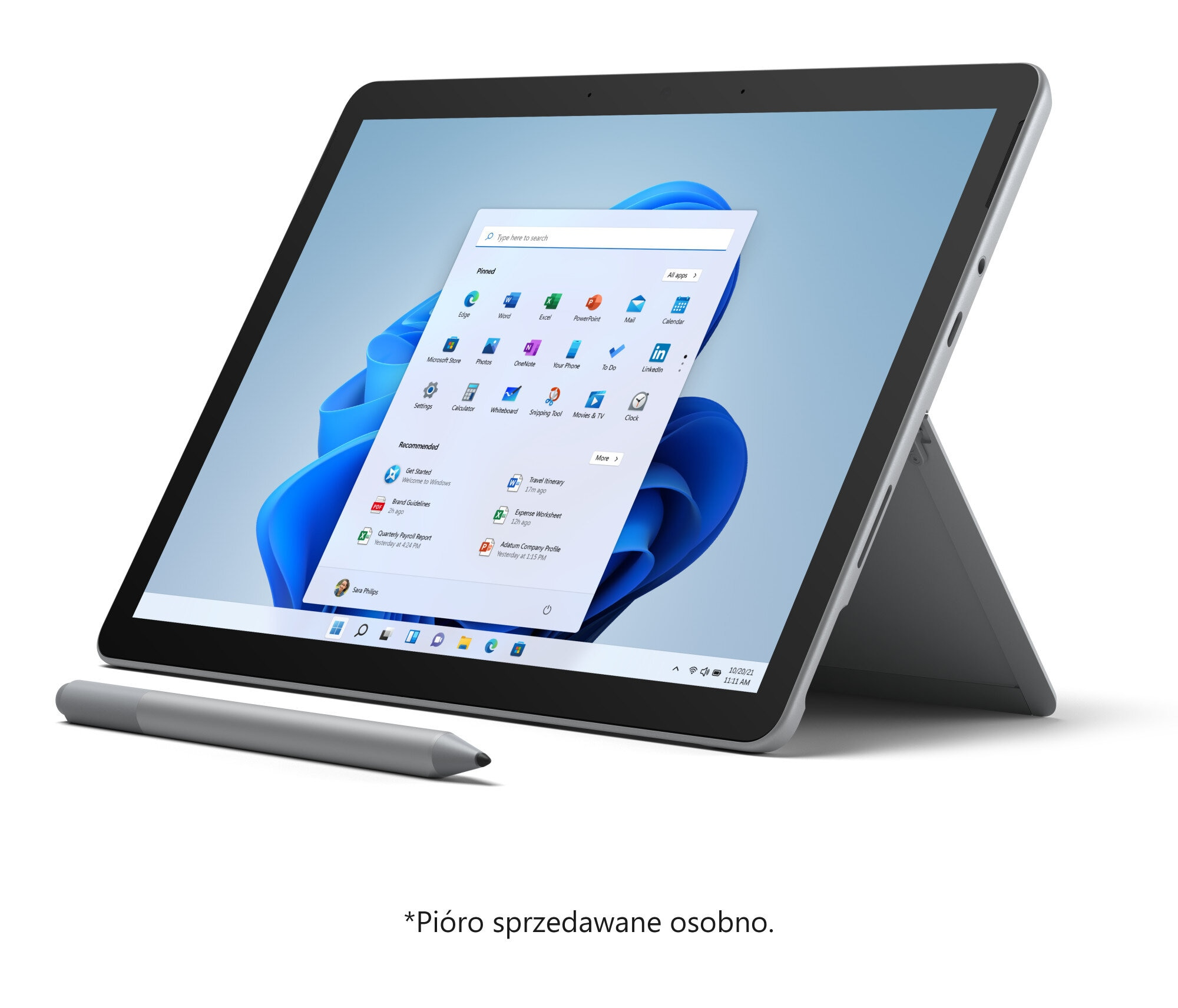 Szary tablet z otwartym interfejsem Windows i szarym rysikiem.