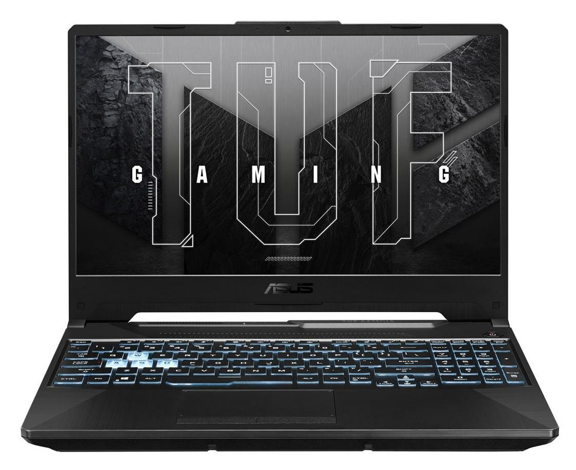 Czarny laptop z podświetlaną klawiaturą i słowem GAMING wyświetlanym na ekranie.