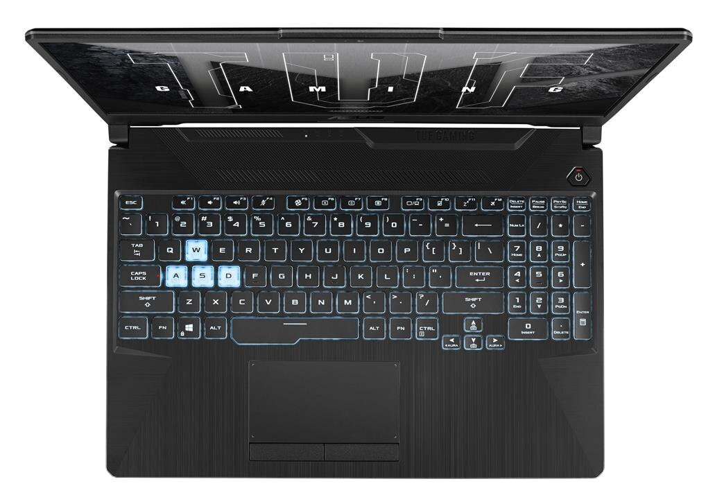 Czarny laptop, klawiatura podświetlana na niebiesko, otwarta. Widoczna klawiatura i część ekranu.