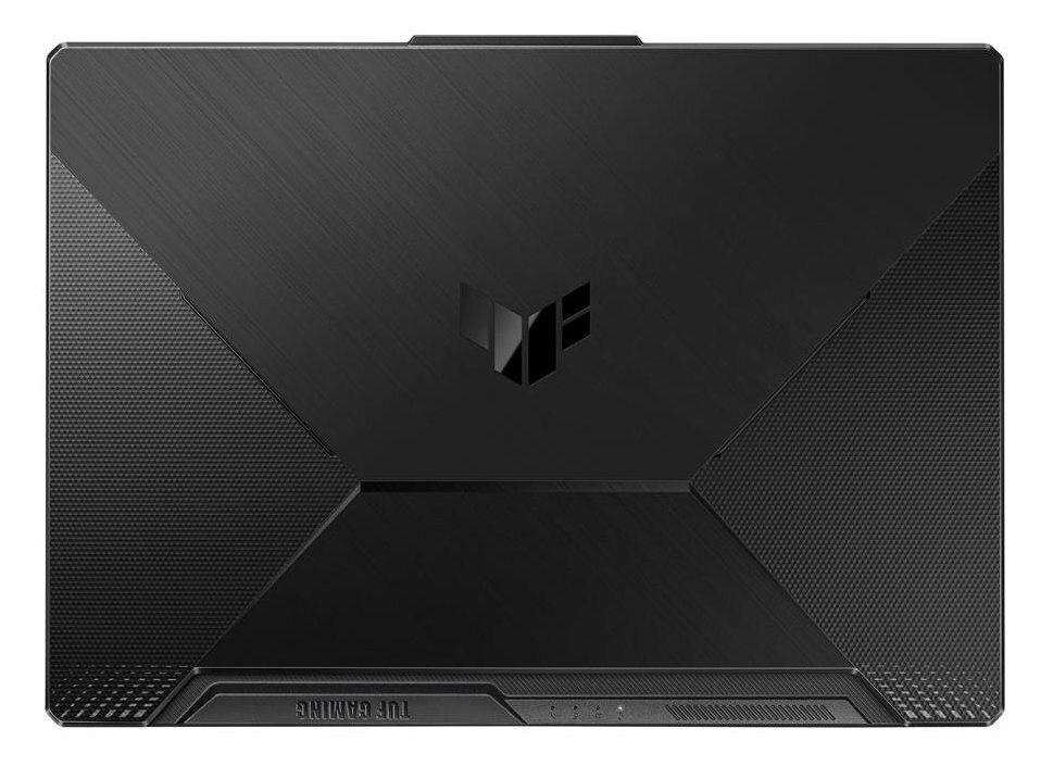 Górna część czarnego laptopa z logo i teksturowanym wzorem.