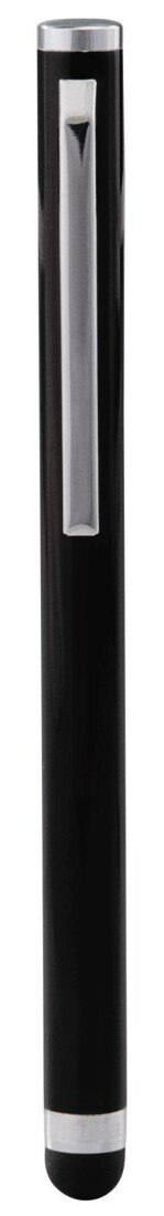 Czarny długopis ze srebrnym klipsem, stojący pionowo. Białe tło.