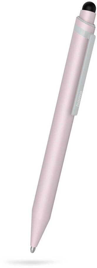 Różowy rysik Hama z czarną końcówką i szarym klipsem. Pióro jest eleganckie.