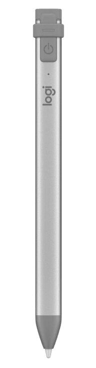 Srebrny rysik z szarym przyciskiem i logo.