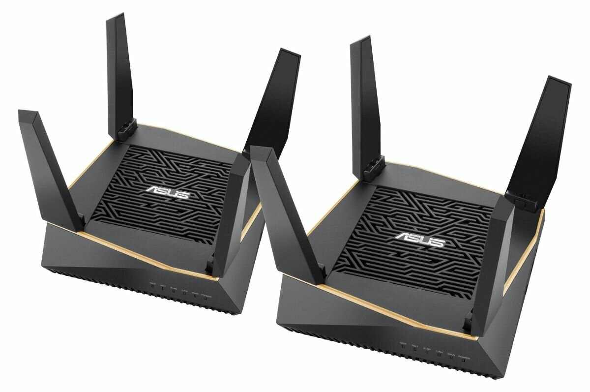 Dwa czarne routery z antenami, widok z boku, białe tło. Widoczne logo ASUS.