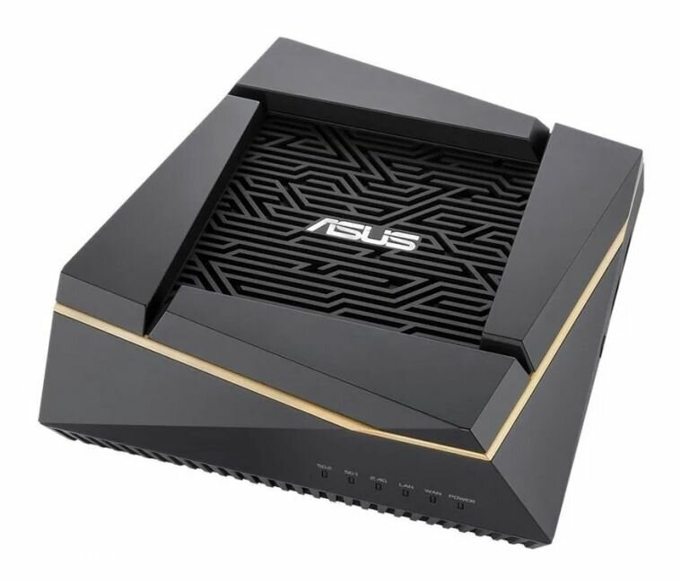 Czarny router ASUS z geometrycznym wzorem na górze, ze złotymi akcentami.