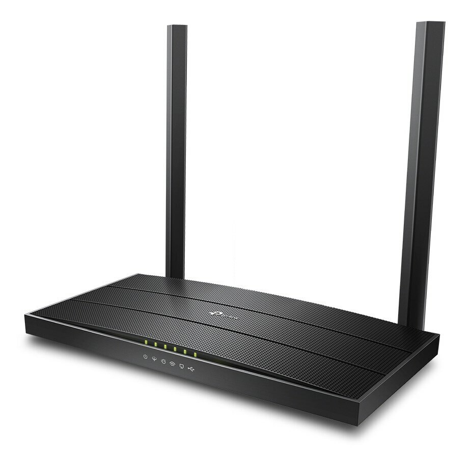 Czarny router TP-Link. Widoczne są dwie anteny. Świecą się diody LED.