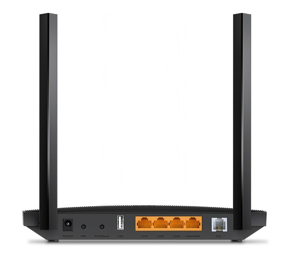 Czarny router z dwiema antenami i portami LAN, USB i zasilania.