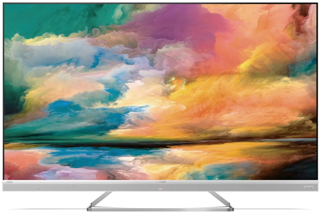 Telewizor z dużym ekranem z żywym, kolorowym abstrakcyjnym wyświetlaczem artystycznym.