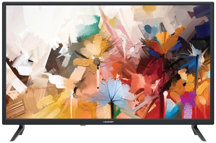 Czarny telewizor na białym tle. Telewizor ma kolorowy abstrakcyjny obraz na ekranie.