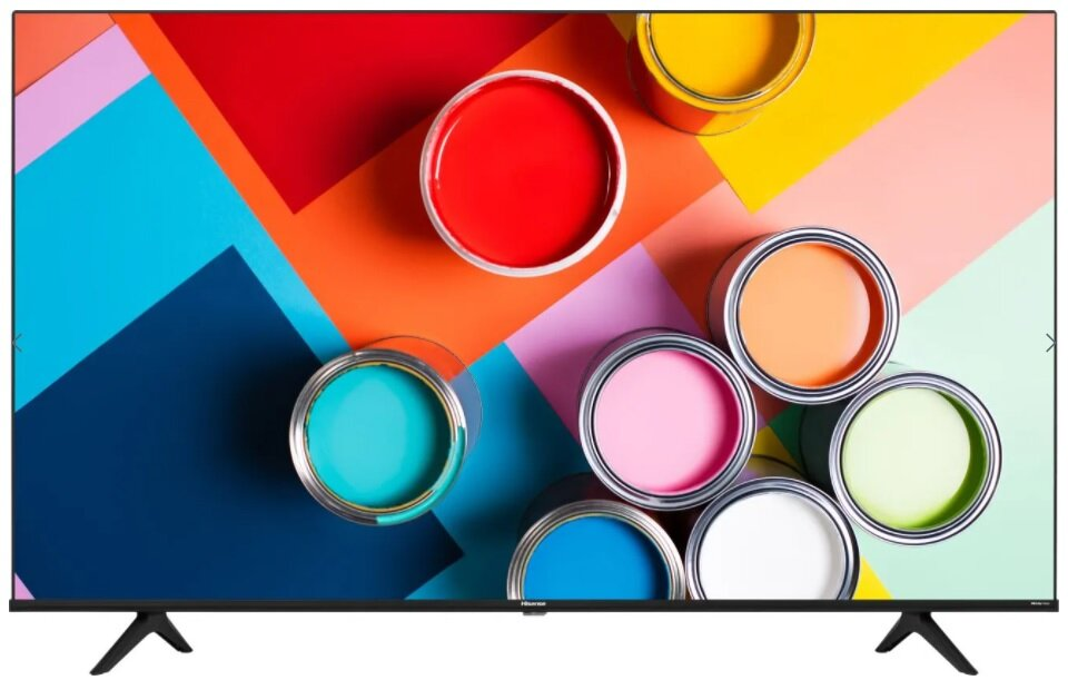 Ekran telewizora wyświetlający kolorowe puszki farby i sztukę abstrakcyjną.