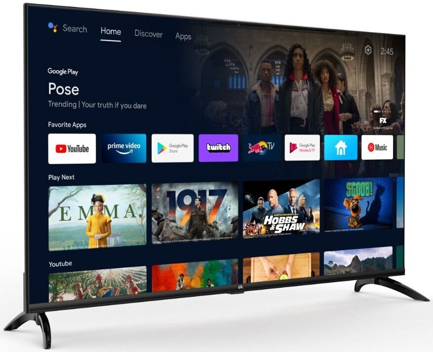 Duży telewizor Smart TV wyświetlający ekran główny z aplikacjami, programami i transmisją na żywo.