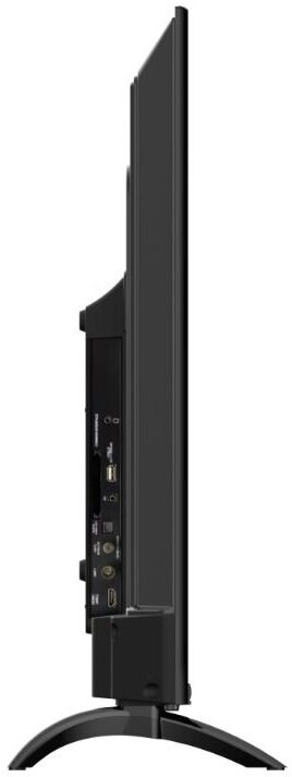 Widok z boku czarnego telewizora ze stojakiem. Telewizor ma porty i złącza.