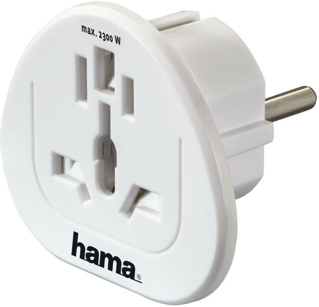 Biała uniwersalna przejściówka podróżna. Adapter ma wiele konfiguracji wtyczek.