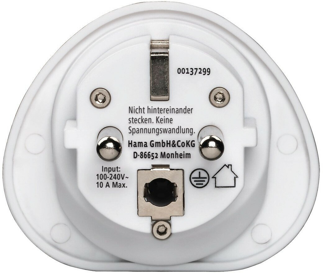 Białe gniazdko z logo Hama, Wejście 100-240V, 10A Max.