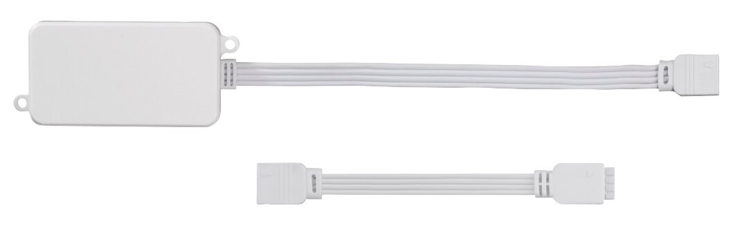 Białe prostokątne złącze z trzema białymi przewodami po każdej stronie, na białym tle.