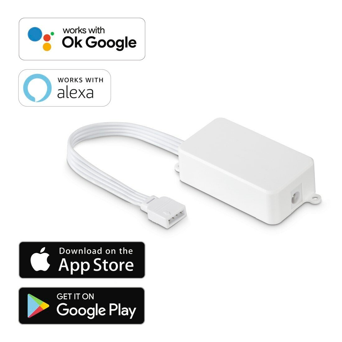 Białe urządzenie smart home z kablem i logo aplikacji.