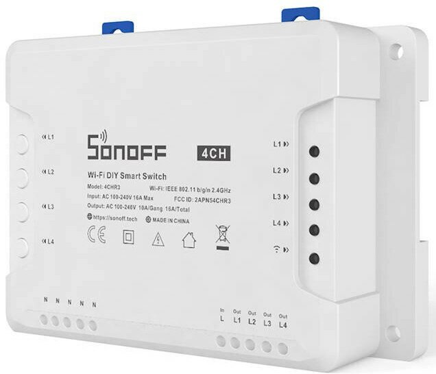 Białe urządzenie smart home z przyciskami i wskaźnikami. Napis: SONOFF i 4CH.