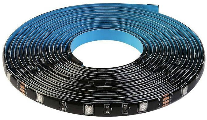 Niebiesko-czarna taśma LED zwinięta. Ma małe kwadraty z symbolami.