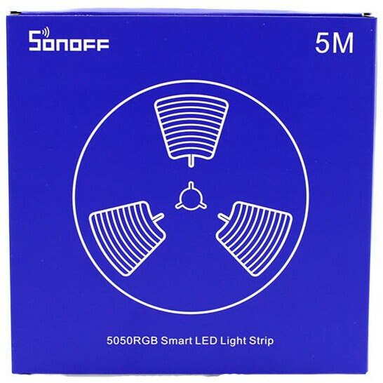 Niebieskie pudełko z białym okrągłym wzorem i tekstem: 5050RGB Smart LED Light Strip.