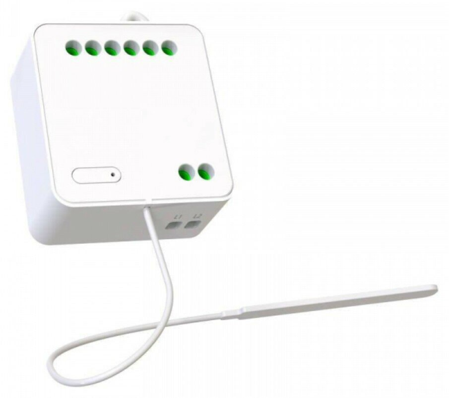 Białe urządzenie smart home z przyciskami i kablem. Widoczne zielone światła. Na białym tle.