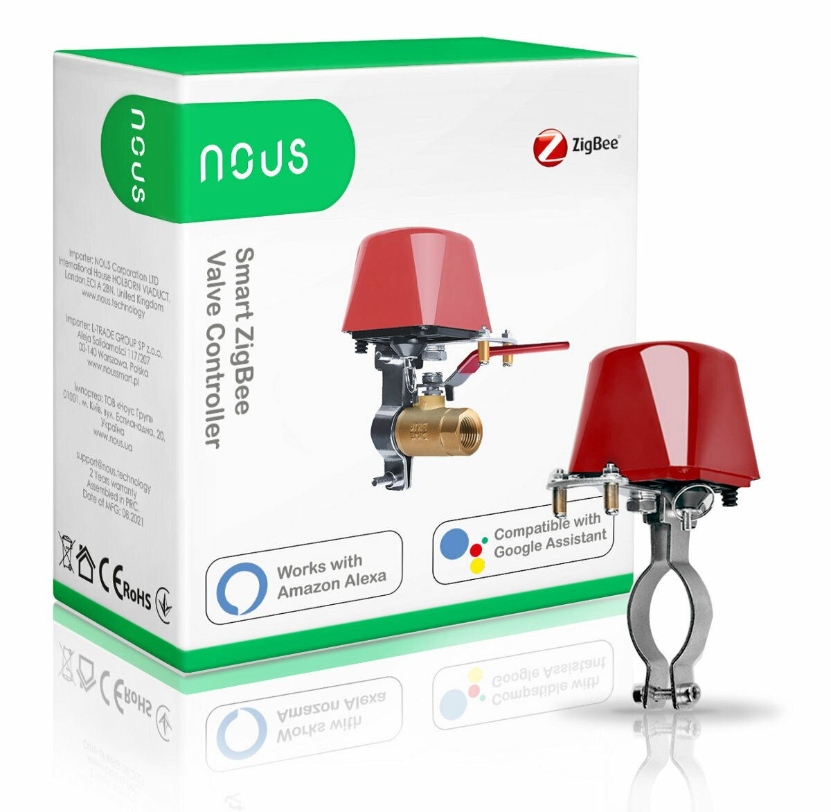 Pudełko inteligentnego kontrolera zaworu Zigbee z dwoma czerwonymi i srebrnymi zaworami.