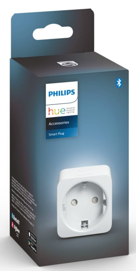 Pudełko wtyczki smart Philips Hue. Widoczna biała wtyczka, z niebiesko-białym pudełkiem.