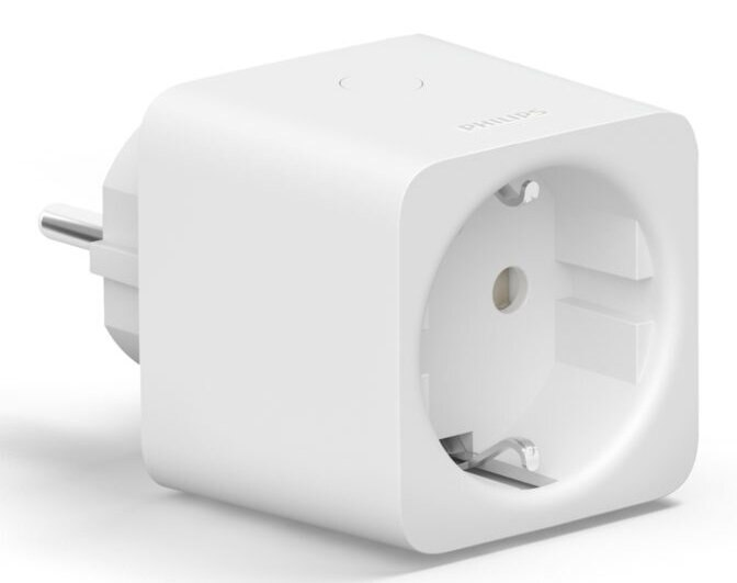 Biała inteligentna wtyczka Philips z europejską wtyczką. Prosty, kwadratowy design.
